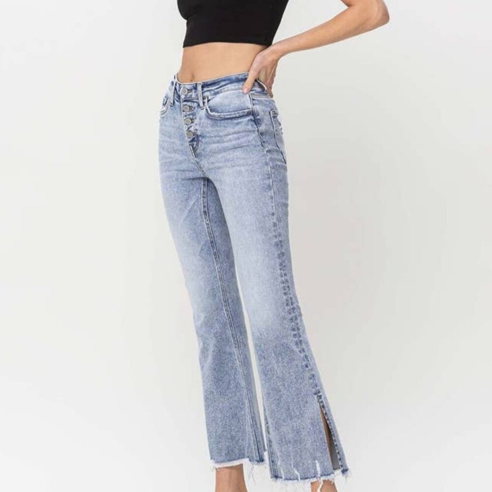 High Rise Side Slit Crop Flare Jeans - Picture 3 of 5